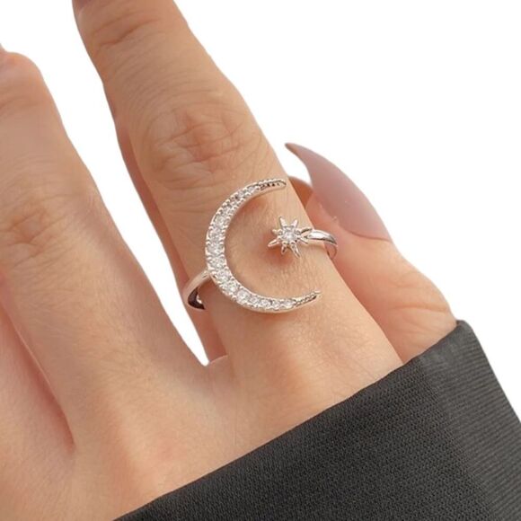 Celestial Crescent Moon Star Silver Tone Crystal Adjustable Ring NWT - Picture 12 of 13